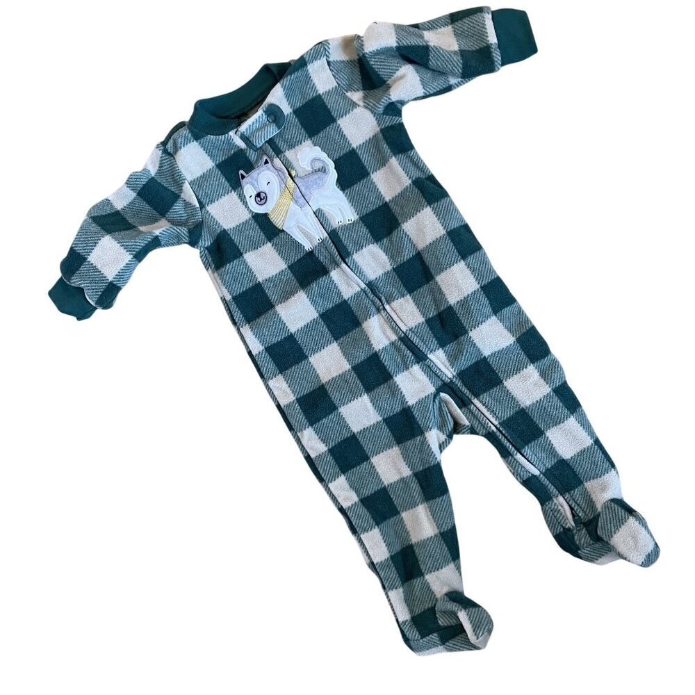 Carter's 6M green and white checkered toddler onesie wolf dog fleece animal